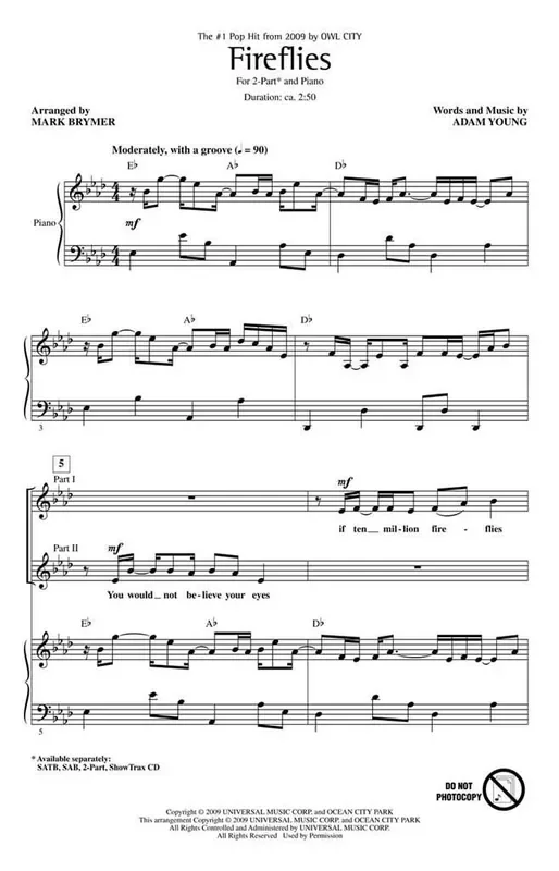 Adam Young Fireflies (Arr. Mark Brymer) Frauenchor mit Klavier/Orgel