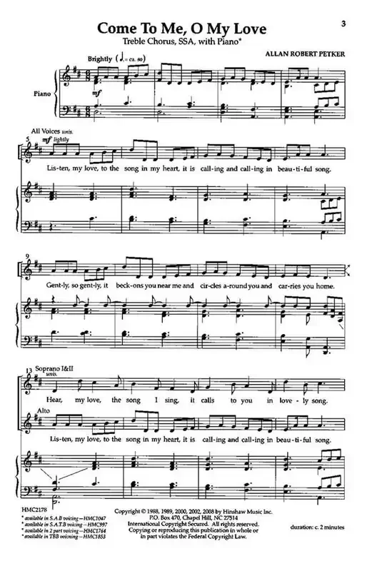 Allan Robert Petker Come To Me, O My Love (Arr. Allan Robert Petker) Frauenchor mit Klavier/Orgel