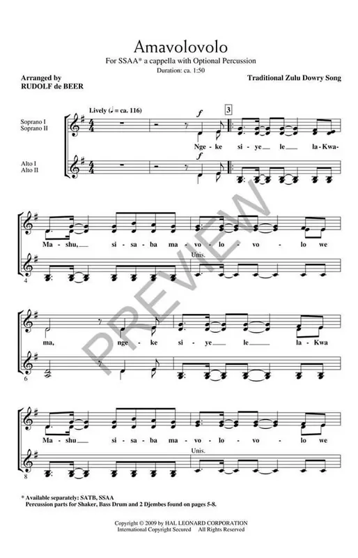 Amavolovolo (Arr. Rudolf de Beer) Frauenchor mit Begleitung