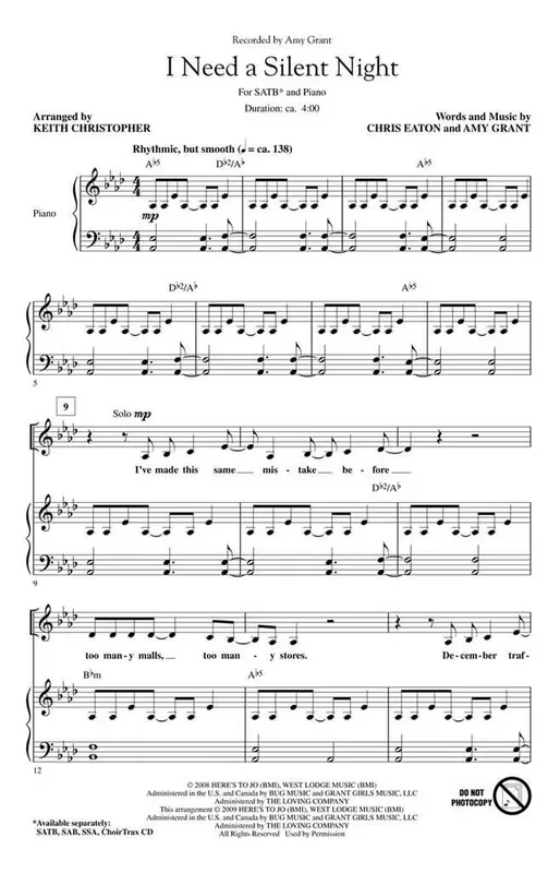 Amy Grant I Need a Silent Night (Arr. Keith Christopher) Gemischter Chor mit Begleitung