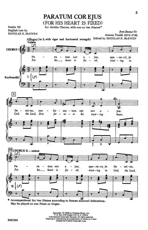 Antonio Vivaldi Paratum Cor Ejus (Arr. Antonio Vivaldi) Gemischter Chor mit Klavier/Orgel