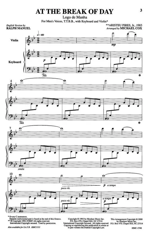 Aristeau Pires Junior At The Break Of Day (Arr. Michael Cox) Männerchor mit Klavier/Orgel