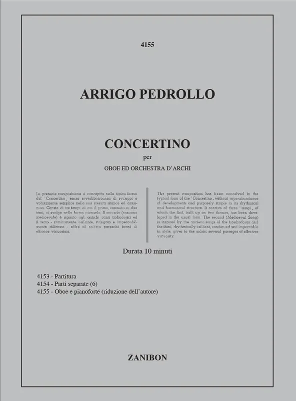 Arrigo Pedrollo Concertino I Per Oboe E Orchestra D‘Archi Oboe mit Begleitung