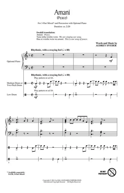 Audrey Snyder Amani (Peace) Gemischter Chor mit Klavier/Orgel