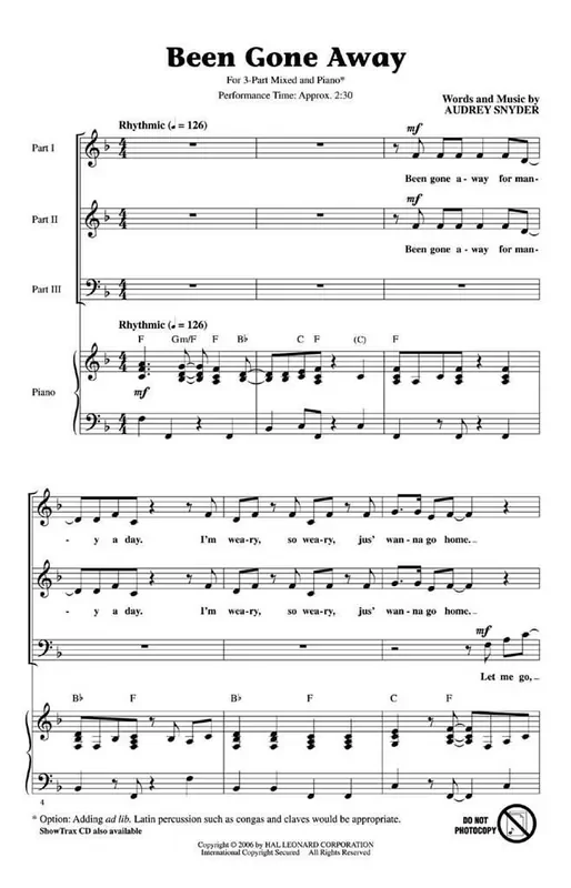 Audrey Snyder Been Gone Away Gemischter Chor mit Begleitung