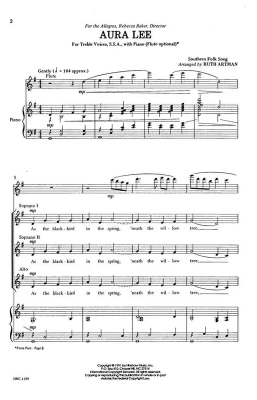 Aura Lee (Arr. Ruth Artman) Frauenchor mit Begleitung