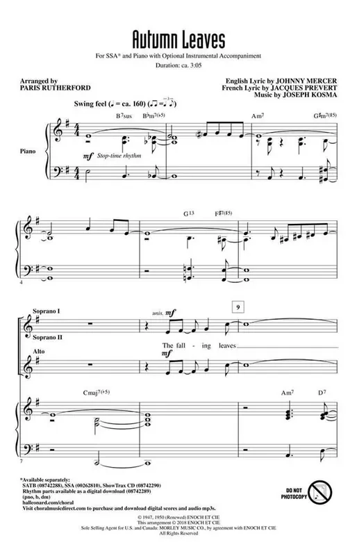 Autumn Leaves (Arr. Paris Rutherford) Frauenchor mit Begleitung
