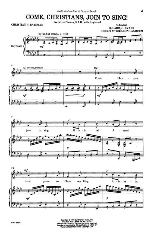 Benjamin Car Come, Christians, Join To Sing! (Arr. Thearon Landrum) Gemischter Chor mit Klavier/Orgel