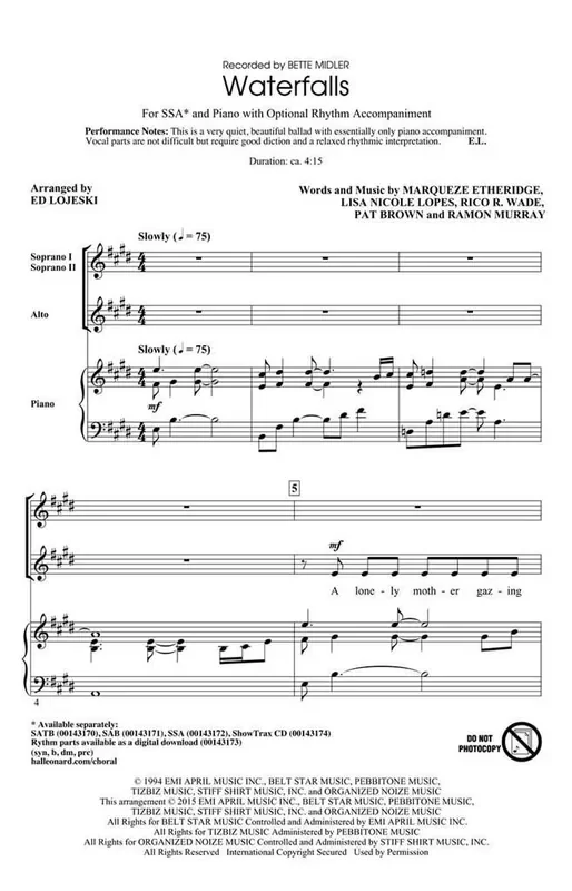 Bette Midler Waterfalls (Arr. Ed Lojeski) Frauenchor mit Begleitung