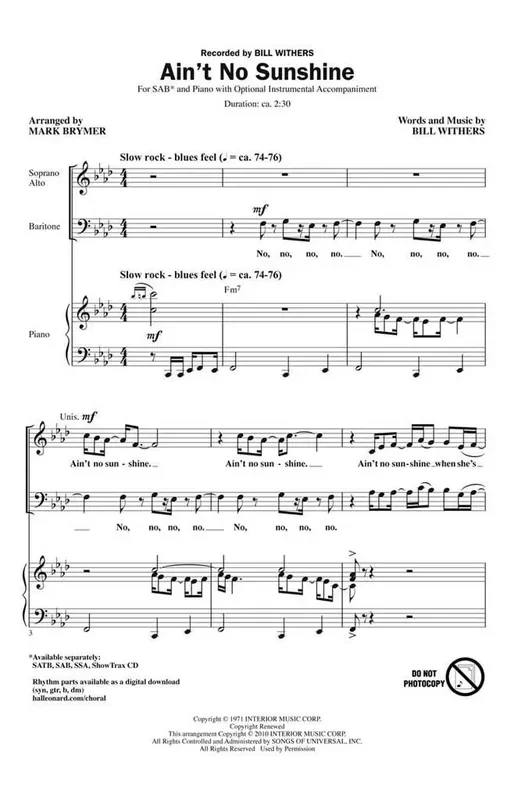 Bill Withers Ain‘t No Sunshine (Arr. Mark Brymer) Gemischter Chor mit Begleitung