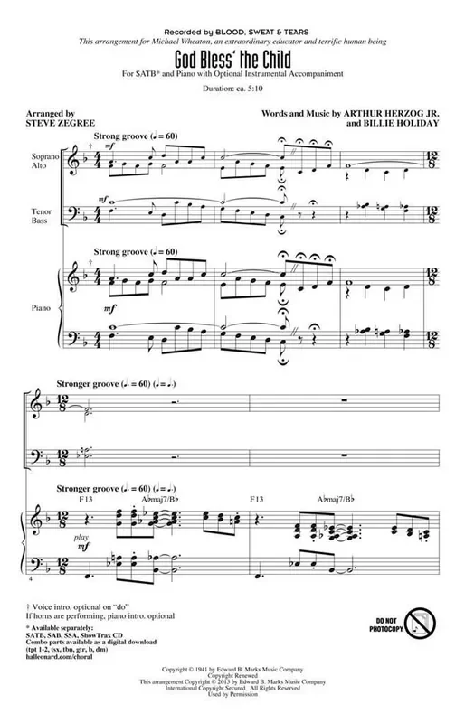 Billy Holiday God Bless‘ the Child (Arr. Steve Zegree) Gemischter Chor mit Begleitung