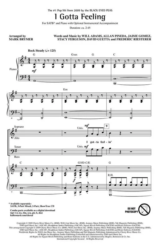 Black Eyed Peas I gotta Feeling (Arr. Mark Brymer) Gemischter Chor mit Klavier/Orgel