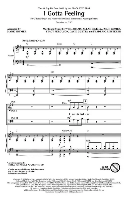 Black Eyed Peas I Gotta Feeling (Arr. Mark Brymer) Gemischter Chor mit Klavier/Orgel