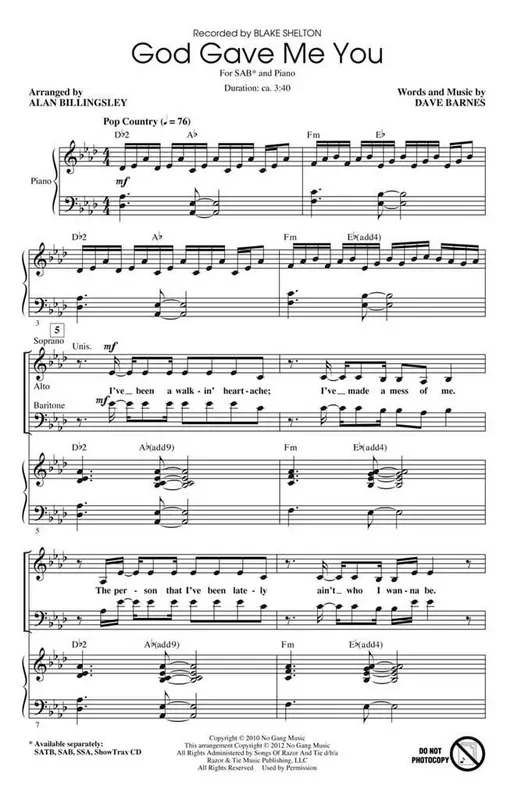 Blake Shelton God Gave Me You (Arr. Alan Billingsley) Gemischter Chor mit Begleitung