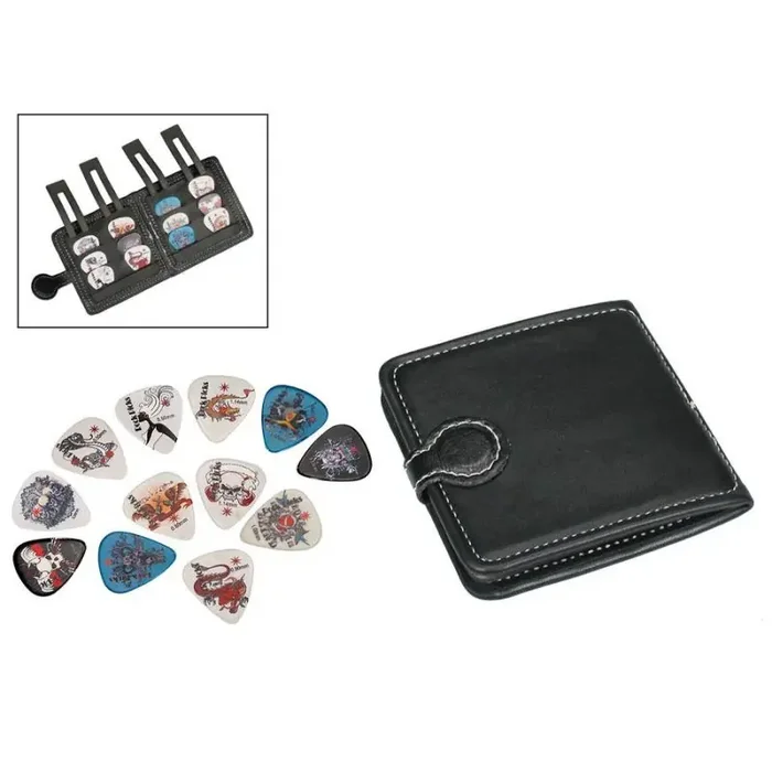 Boston pick pouch, black, PVC, with 12 celluloid picks, skulls and bones