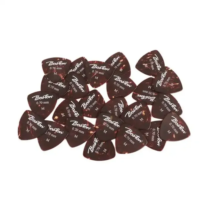 Boston picks, celluloid, tortoise, standard triangle model, 24-pack, medium, 0.70 mm.