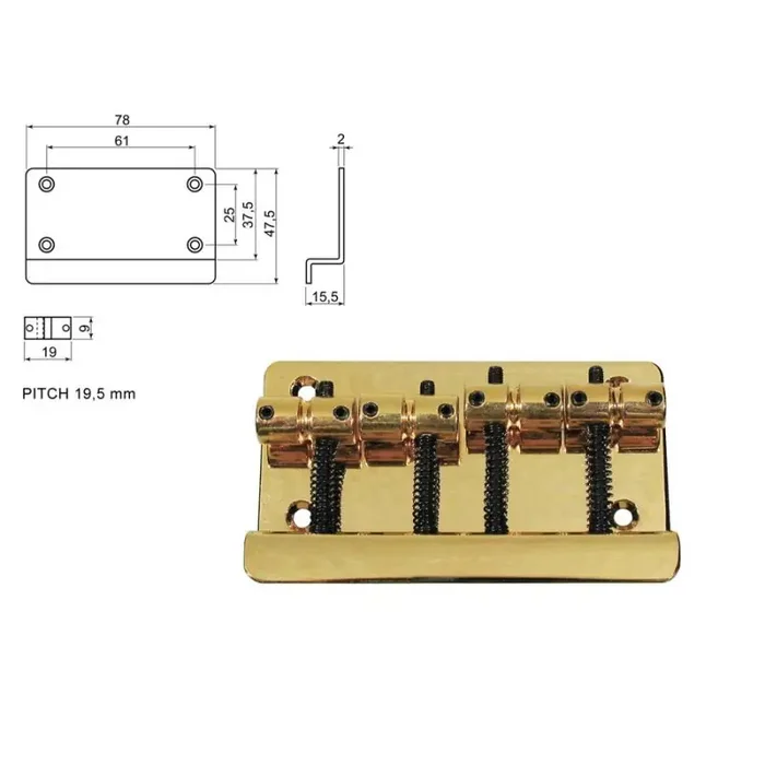 Brug-staartstuk, Jazz/ P-Bass, goud, pitch 20mm type