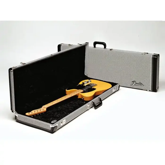 Fender deluxe case for electric guitar leather handle and ends black tweed & black interior