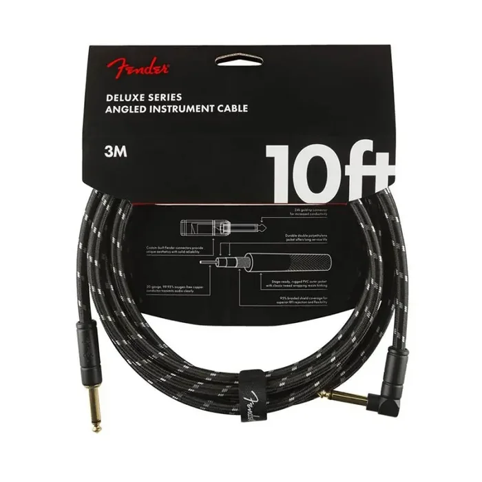 Fender Deluxe Series instrument cable, 10ft, 1x angled, black tweed