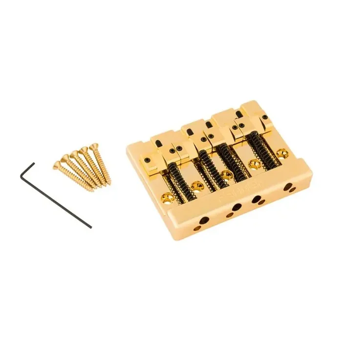 Fender Genuine Replacement Part Himass 4-string bass bridge assembly with brass saddles, gold