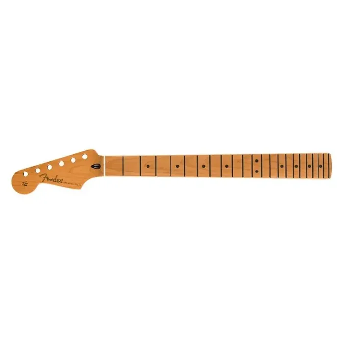 Fender Genuine Replacement Part satin roasted maple Stratocaster lefthanded neck, 22 jumbo frets 12″ radius, maple, flat oval shape