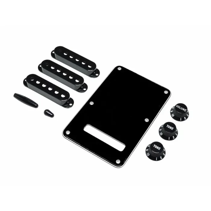 Fender Genuine Replacement Part strat accessory kit contains pot knobs switch tip backplate pickup covers black