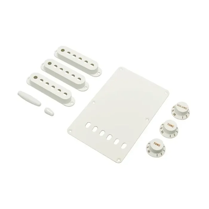 Fender Genuine Replacement Part strat accessory kit contains pot knobs switch tip backplate pickup covers white