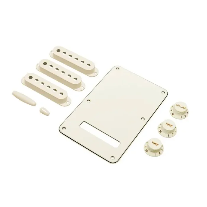 Fender Genuine Replacement Part strat accessory kit contains pot knobs switch tip backplate pickup covers parchment