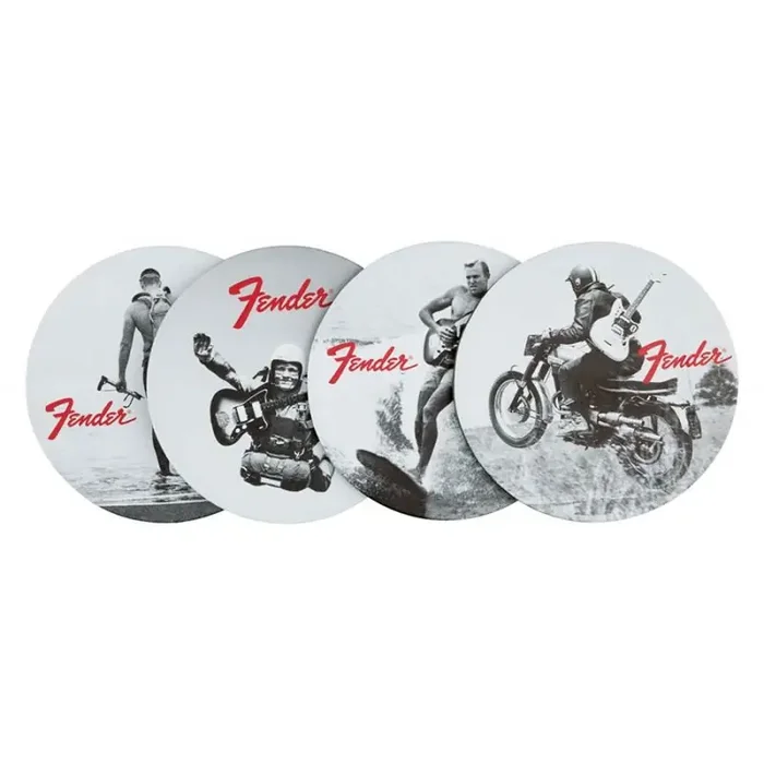 Fender vintage ‘60s ads coasters, black & white print on leather, 4 pcs.