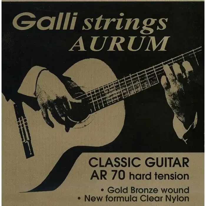 Galli Aurum string set classic, gold bronze wound, clear nylon trebles, hard tension