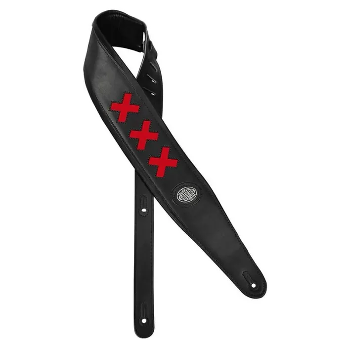 Gaucho Padded Deluxe Series guitar strap, black padded back, black leather with red crosses