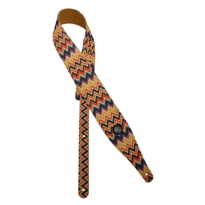 Gaucho Peace Series gitaarriem, linnen, kleurrijk ontwerp met suede achterkant, disco zigzag