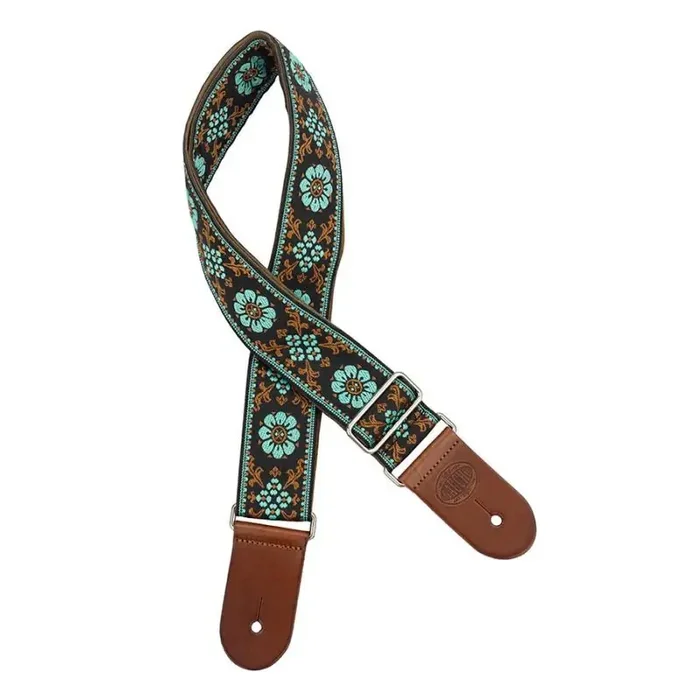 Gaucho Traditional Deluxe Series guitar strap, 2 jacquard weave, brown leather slips, brown garment leather backing, brown/blue