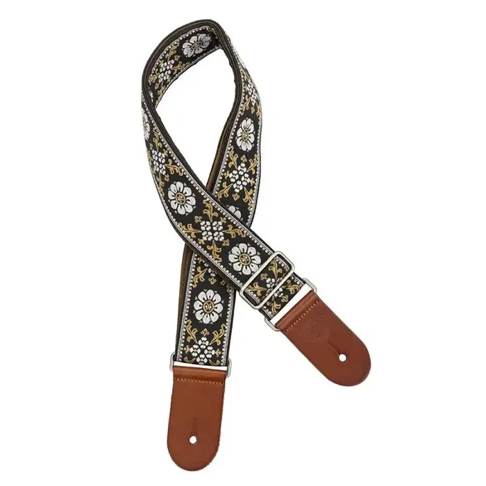 Gaucho Traditional Deluxe Series guitar strap, 2 jacquard weave, brown leather slips, brown garment leather backing, white/black
