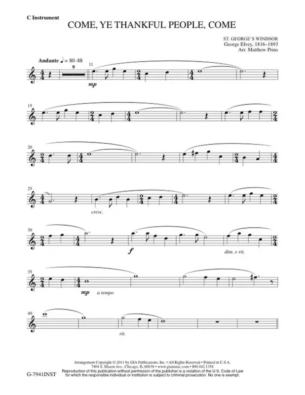 George J. Elvey Come, Ye Thankful People, Come – Instrument part (Arr. Matthew Prins) Gemischter Chor mit Begleitung