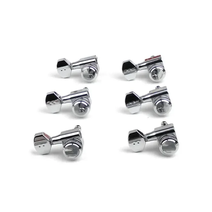 Graph Tech PRL-8721-LC0 Ratio Electric Locking Machine Heads with Mini Contemporary Button – 6-in-Line, Lefthand, Treble Side (Right) – Chrome