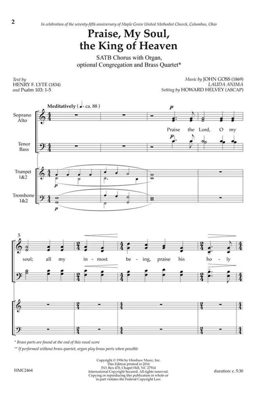 John Goss Praise, My Soul, the King of Heaven (Arr. Howard Helvey) Gemischter Chor mit Begleitung