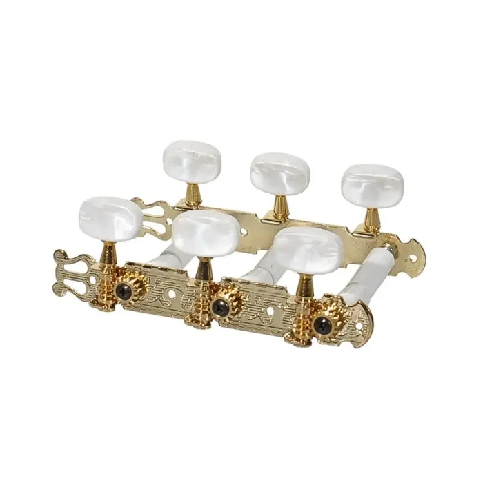Machine heads for classic guitar, nylon shaft, 3x left+3x right, 70mm, gold, pearloid buttons