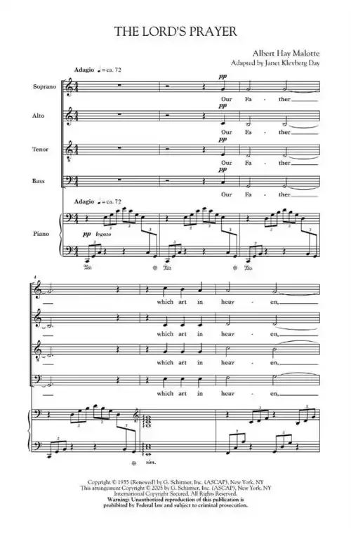 Malotte, Albert H. The Lord‘s Prayer (String Quartet) – Score/Parts