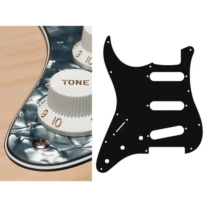 Pickguard Strat, 4 ply, pearl black, standard, SSS, 3 pot holes, 3-5 switch, lefthanded