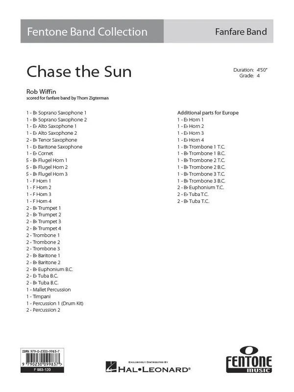 Rob Wiffin Chase the Sun (Arr. Thom Zigterman) Fanfarenorchester