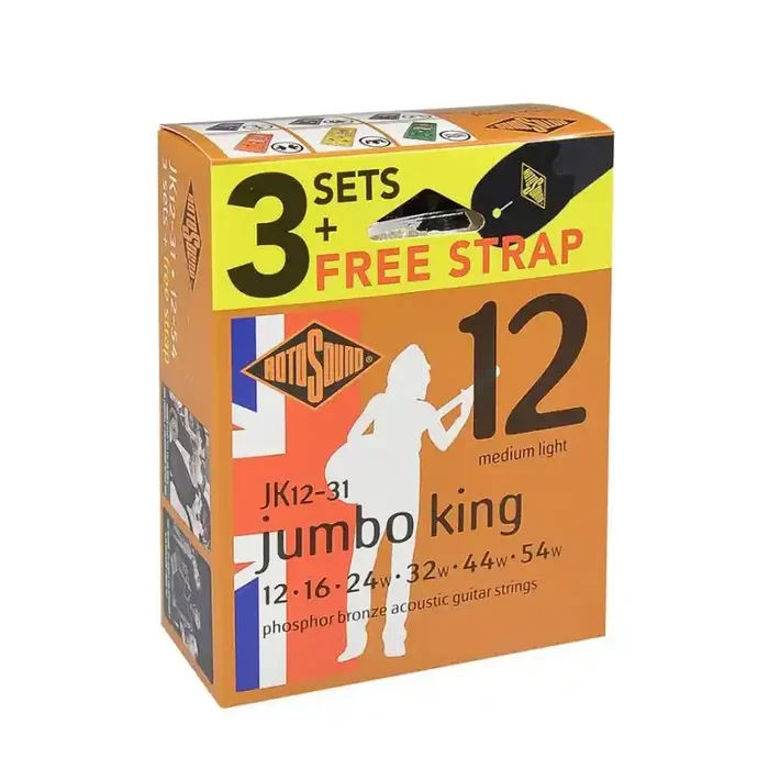 Rotosound Jumbo King 3-pack with free strap – 3 string sets acoustic phosphor brounze wound 12-54, medium light