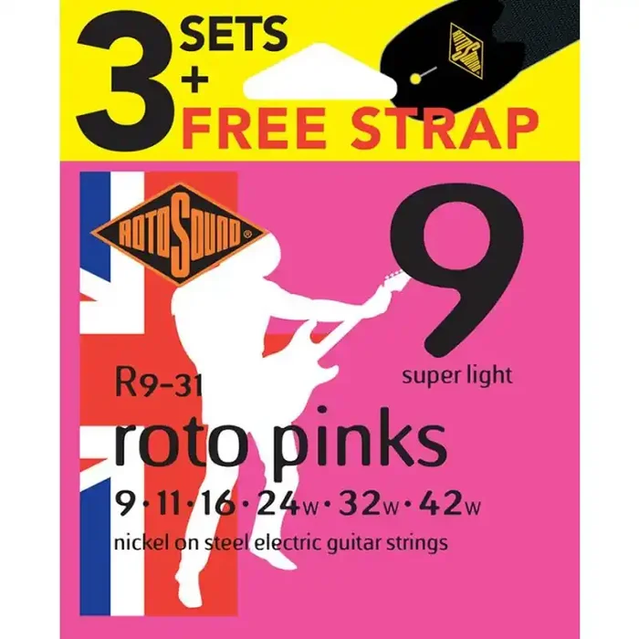 Rotosound Roto 3-pack with free strap – 3 string sets electric nickel wound 9-42, super light