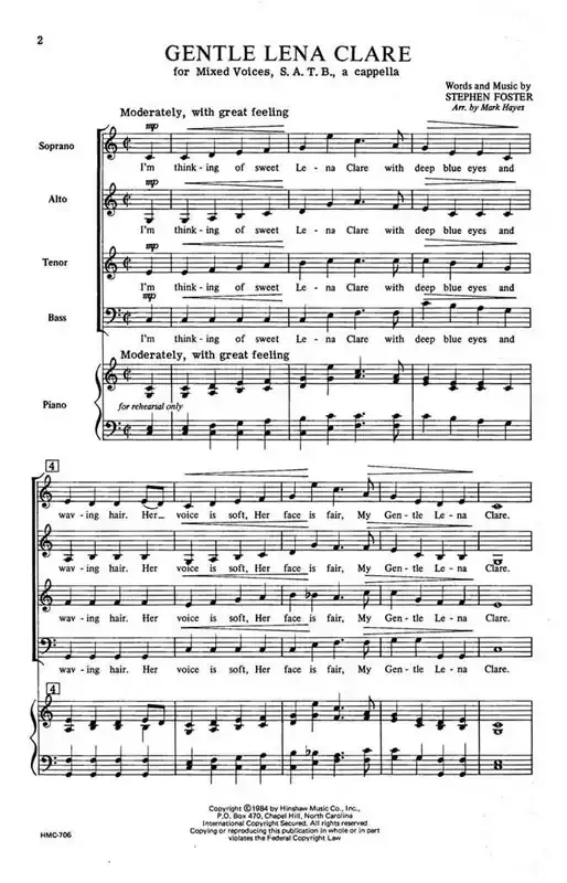 Stephen Foster Gentle Lena Clare (Arr. Mark Hayes) Gemischter Chor A cappella