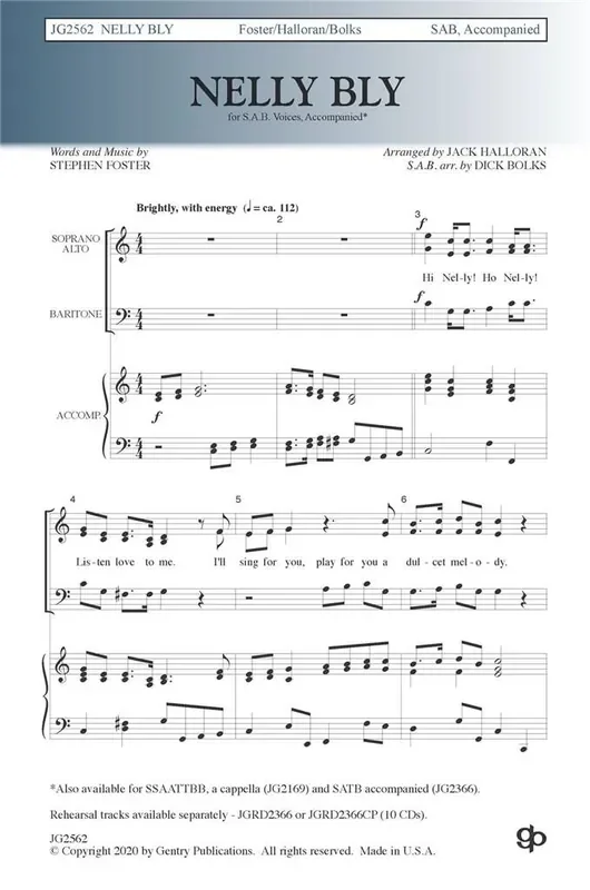 Stephen Foster Nelly Bly (Arr. Dick Bolks) Gemischter Chor mit Begleitung