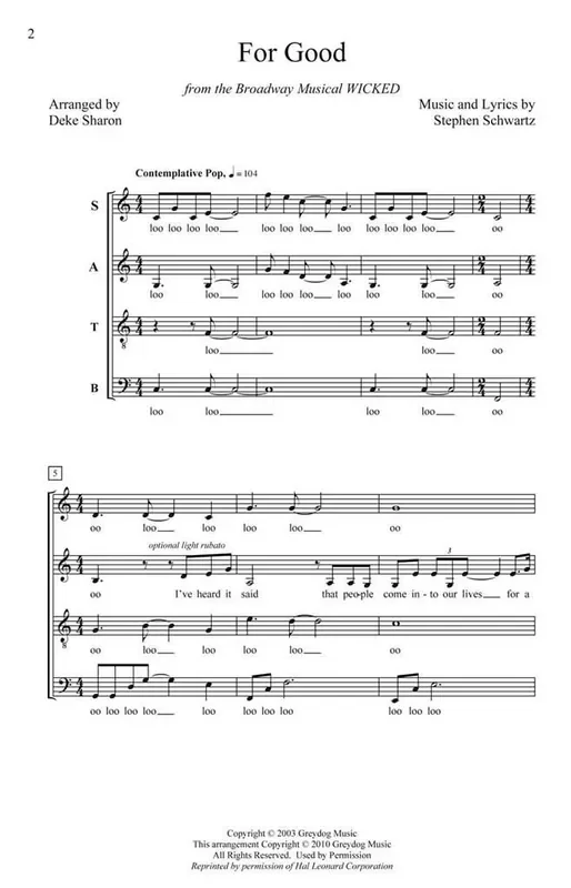 Stephen Schwartz For Good (Arr. Deke Sharon) Gemischter Chor A cappella