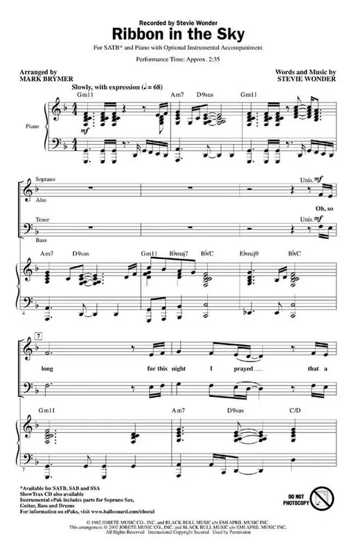 Stevie Wonder Ribbon in the Sky (Arr. Mark Brymer) Gemischter Chor mit Begleitung