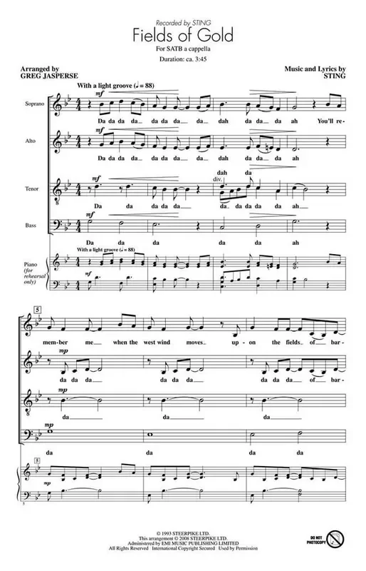 Sting Fields of Gold (Arr. Greg Jasperse) Gemischter Chor mit Begleitung