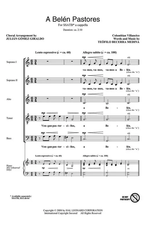 Teófilo Becerra Medina A Bel?n Pastores (Arr. Julián Gómez Giraldo) Gemischter Chor A cappella
