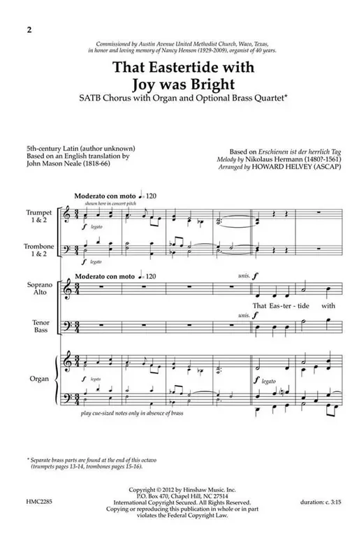 That Eastertide With Joy Was Bright (Arr. Howard Helvey) Gemischter Chor mit Klavier/Orgel